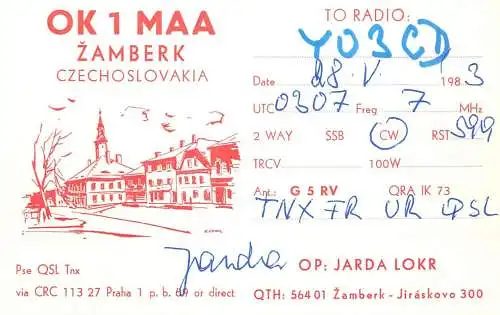 QSL Card Czechoslovakia Radio Amateur Station OK1MAA Y03CD