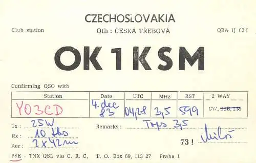 QSL Card Czechoslovakia Radio Amateur Station OK1KSM Y03CD 1983