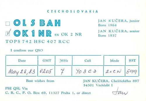 QSL Card Czechoslovakia Radio Amateur Station OK1NR OL5BAH Y03CD 1983