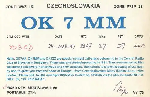 QSL Card Czechoslovakia Radio Amateur Station OK7MM Y03CD Stanislav
