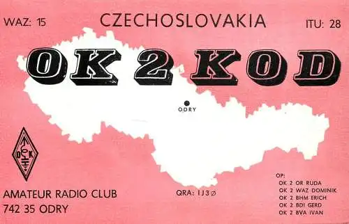 QSL Card Czechoslovakia Radio Amateur Station OK2KOD Y03CD Odry