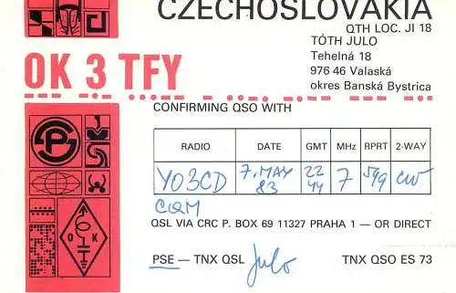 QSL Card Czechoslovakia Radio Amateur Station OK3TFY Y03CD Toth Julo