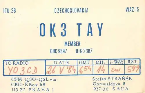QSL Card Czechoslovakia Radio Amateur Station OK3TAY Y03CD 1984 Stefan Stranak