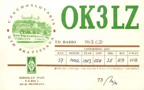 QSL Card Czechoslovakia Radio Amateur Station OK3LZ Y03CD 1983 Miroslav Ivan