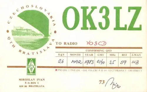 QSL Card Czechoslovakia Radio Amateur Station OK3LZ Y03CD 1983 Miroslav Ivan