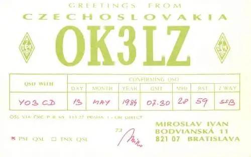 QSL Card Czechoslovakia Radio Amateur Station OK3LZ Y03CD 1983 Miroslav Ivan