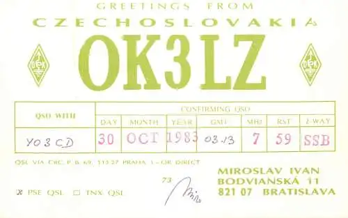 QSL Card Czechoslovakia Radio Amateur Station OK3LZ Y03CD 1983 Miroslav Ivan