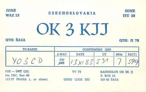 QSL Card Czechoslovakia Radio Amateur Station OK3KJJ Y03CD 1983 Sala