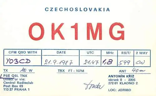 QSL Card Czechoslovakia Radio Amateur Station OK1MG Y03CD 1987 Antonin Kriz