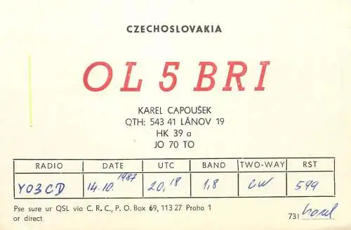 QSL Card Czechoslovakia Radio Amateur Station OL5BRI Y03CD 1987 Pavel