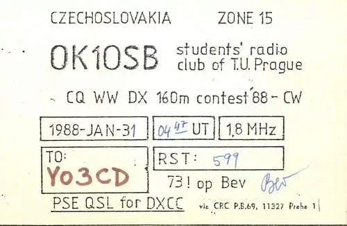 QSL Card Czechoslovakia Radio Amateur Station OK1OSB Y03CD 1988 Bev