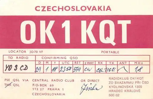 QSL Card Czechoslovakia Radio Amateur Station OK1KQT Y03CD 1988 Jinka