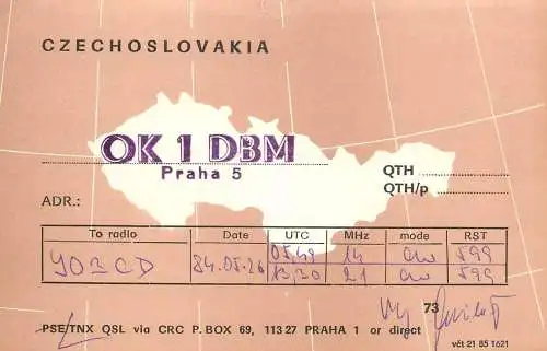 QSL Card Czechoslovakia Radio Amateur Station OK1DBM Y03CD 1984