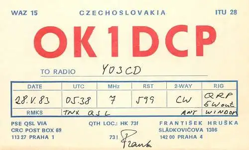 QSL Card Czechoslovakia Radio Amateur Station OK1DCP Y03CD Frank