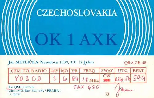 QSL Card Czechoslovakia Radio Amateur Station OK1AKX Y03CD Jan
