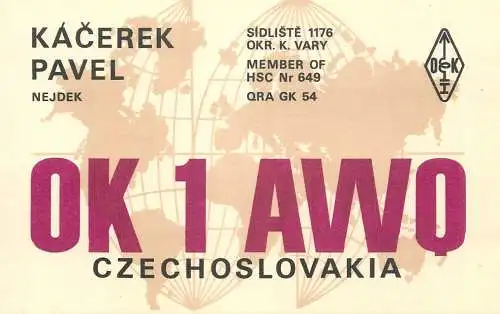 QSL Card Czechoslovakia Radio Amateur Station OK1AWQ Y03CD