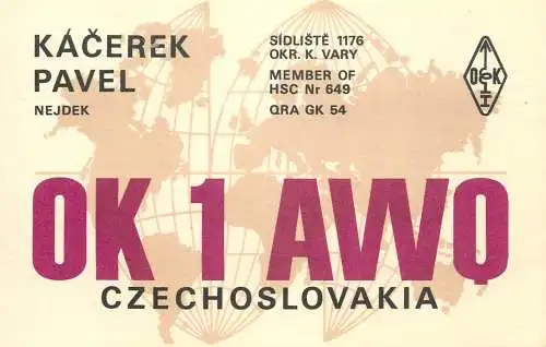 QSL Card Czechoslovakia Radio Amateur Station OK1AWO Y03CD