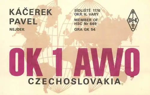 QSL Card Czechoslovakia Radio Amateur Station OK1AWO Y03CD Mar