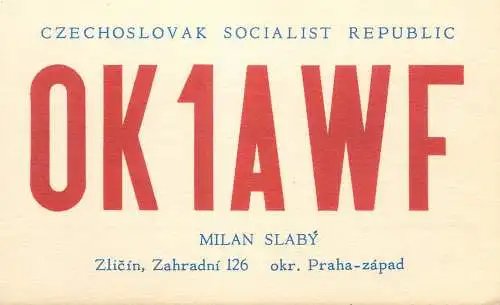 QSL Card Czechoslovakia Radio Amateur Station OK1AWF Y03CD Milan Slaby