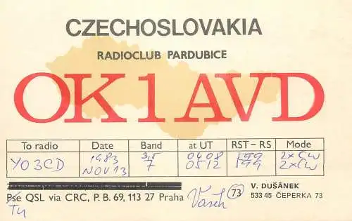 QSL Card Czechoslovakia Radio Amateur Station OK1AVD Y03CD V. Dusanek