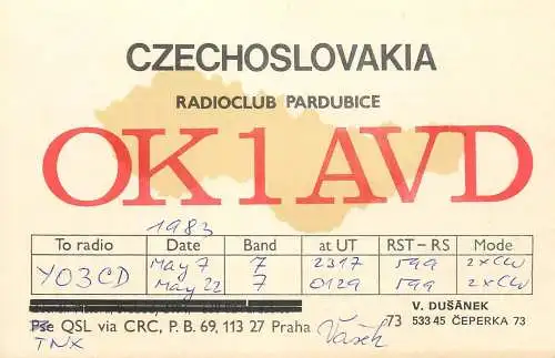 QSL Card Czechoslovakia Radio Amateur Station OK1AVD Y03CD V. Dusanek
