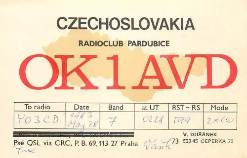 QSL Card Czechoslovakia Radio Amateur Station OK1AVD Y03CD V. Dusanek