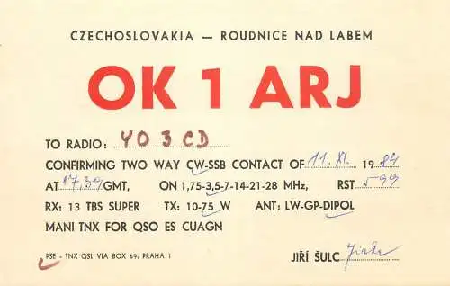 QSL Card Czechoslovakia Radio Amateur Station OK1ARJ Y03CD Jirka
