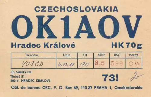 QSL Card Czechoslovakia Radio Amateur Station OK1AOV Y03CD Jifi Suntych