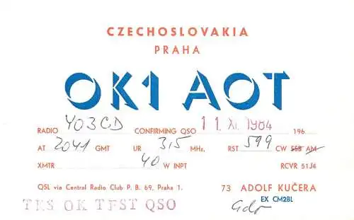 QSL Card Czechoslovakia Radio Amateur Station OK1AOT Y03CD Adolf Kucera