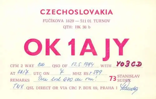 QSL Card Czechoslovakia Radio Amateur Station OK1AJY Y03CD Stanislav Sudek 1983