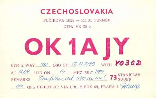 QSL Card Czechoslovakia Radio Amateur Station OK1AJY Y03CD Stanislav Sudek 1983