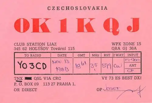 QSL Card Czechoslovakia Radio Amateur Station OK1KQJ Y03CD Josef