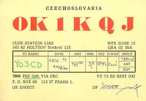 QSL Card Czechoslovakia Radio Amateur Station OK1KQJ Y03CD Josef