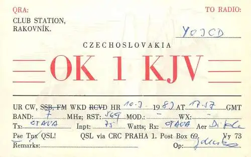 QSL Card Czechoslovakia Radio Amateur Station OK1KJV Y03CD
