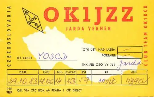 QSL Card Czechoslovakia Radio Amateur Station OK1JZZ Y03CD Janda