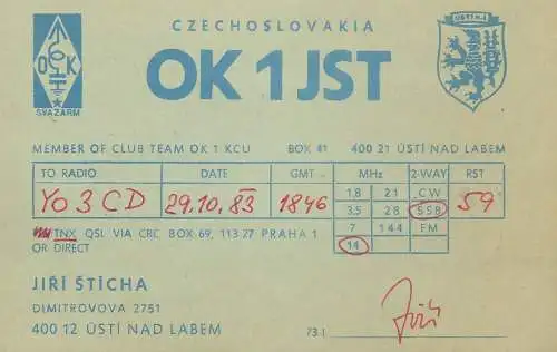 QSL Card Czechoslovakia Radio Amateur Station OK1JST Y03CD Jiri Sticha