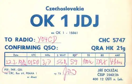 QSL Card Czechoslovakia Radio Amateur Station OK1JDJ Y03CD Jiri Dolezal