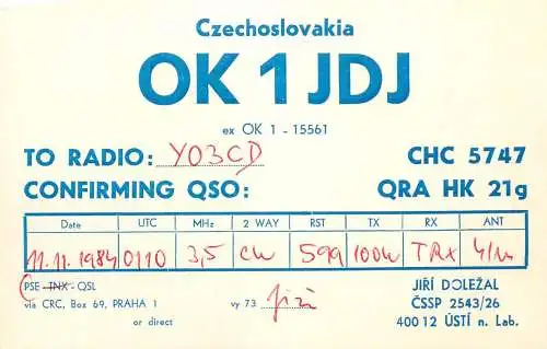 QSL Card Czechoslovakia Radio Amateur Station OK1JDJ Y03CD Jiri Dolezal