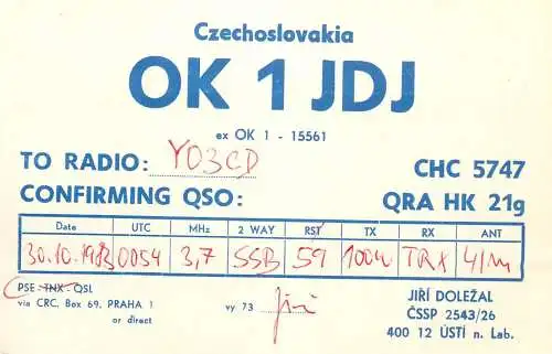 QSL Card Czechoslovakia Radio Amateur Station OK1JDJ Y03CD Jiri Dolezal