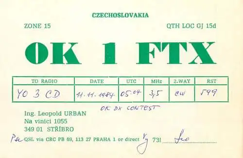 QSL Card Czechoslovakia Radio Amateur Station OK1FTX Y03CD Leopold Urban