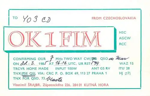 QSL Card Czechoslovakia Radio Amateur Station OK1FIM Y03CD Kutna Hora