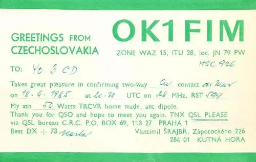 QSL Card Czechoslovakia Radio Amateur Station OK1FIM Y03CD Vlastimil Srajbr