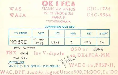 QSL Card Czechoslovakia Radio Amateur Station OK1FCA Y03CD Stanislav Antos