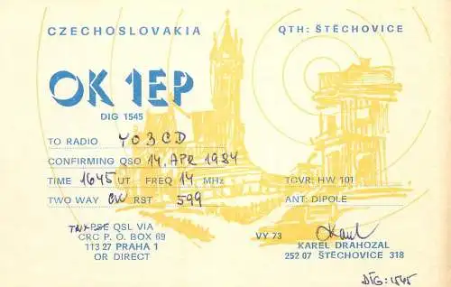 QSL Card Czechoslovakia Radio Amateur Station OK1EP Y03CD Karel Drahozal