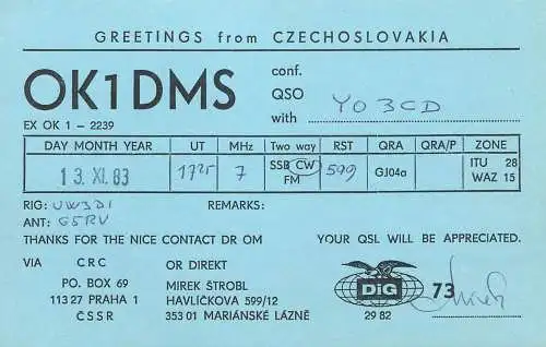 QSL Card Czechoslovakia Radio Amateur Station OK1DMS Y03CD Mirek Strobl
