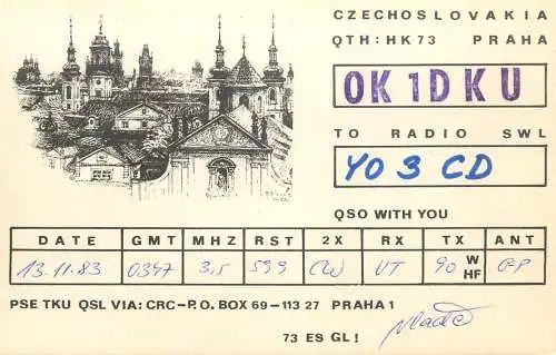 QSL Card Czechoslovakia Radio Amateur Station OK1DKU Y03CD Vladic