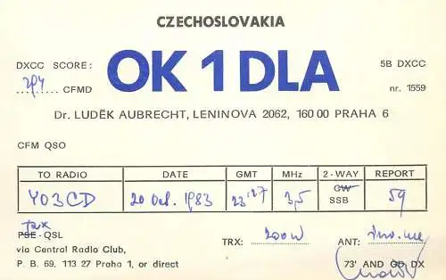 QSL Card Czechoslovakia Radio Amateur Station OK1DLA Y03CD 1983 Ludek Aubrecht