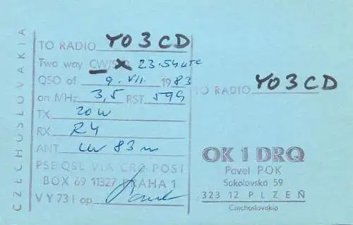 QSL Card Czechoslovakia Radio Amateur Station OK1DRQ Y03CD 1983 Pavel