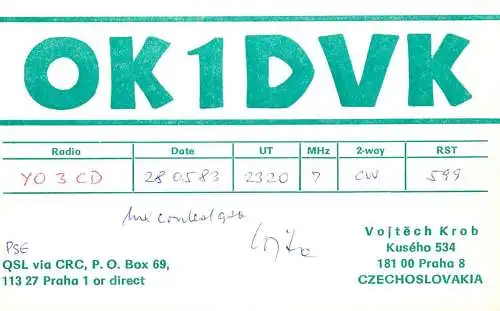 QSL Card Czechoslovakia Radio Amateur Station OK1DVK Y03CD 1983 Vojtech Krob