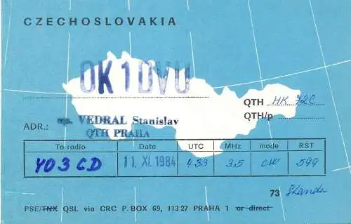 QSL Card Czechoslovakia Radio Amateur Station OK1DVD Y03CD 1984 Vedral Stanislav